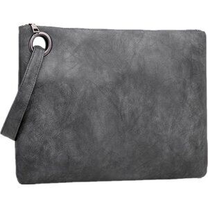 Women's Blue Gray Pu Leather Zipper Trendy Designer Wristlet Elegant Clutch